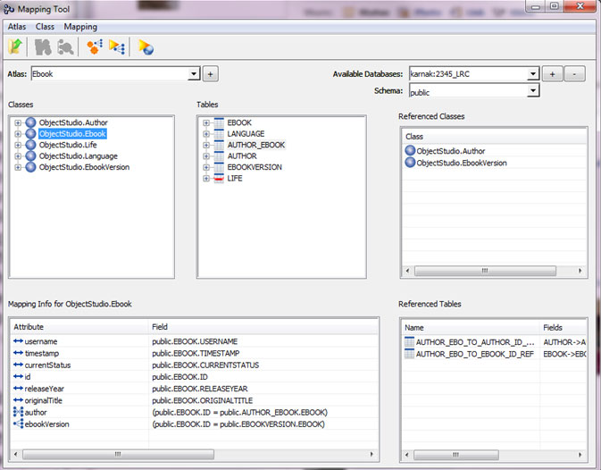 To the right of the class/instance variable tree view, you have a tree view with tables/columns. Selecting one of these will show on the left bottom view the mapping details. Then, on the right bottom, you’ll see the tables that are referenced by the tables/columns selection in the tree view.