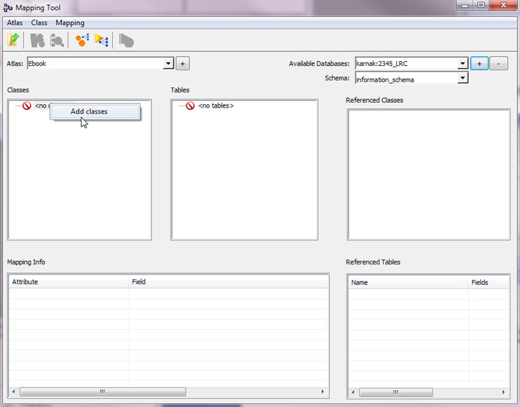 Once we start the Mapping Tool, create a new atlas and make a database connection, we are ready to add classes to the atlas.