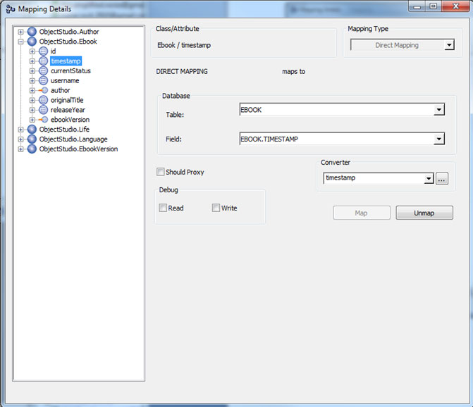 When you select an attribute or instance variable, you get the current mapping or you can select the desired mapping for the attribute in the drop-down box